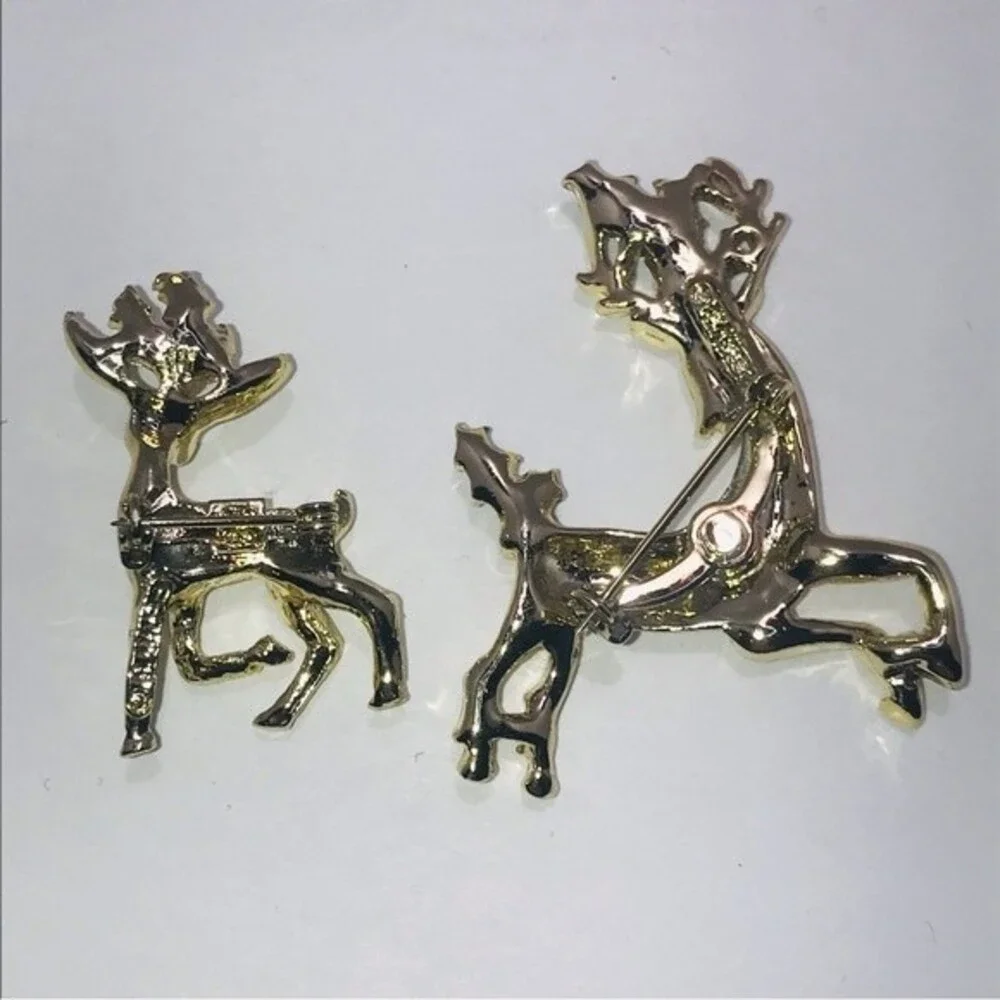 Vintage Gerry's Reindeer Gold tone Enamel Brooch Pins Costume Jewelry Set of 2